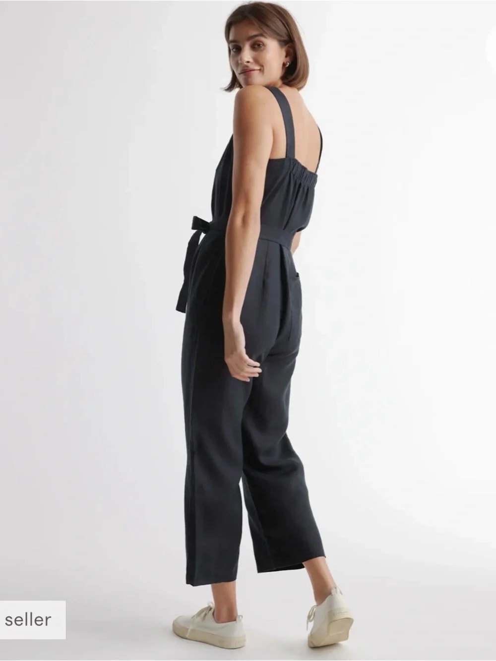 100% European linen square neck Jumpsuit black XS